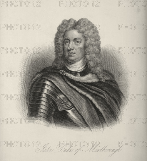 The Duke of Malborough (John Churchill), c1700, (1834-1837). Marlborough (1650-1722) commanded the British and allied forces in the War of the Spanish Succession early in the 18th century. He won a series of victories over the French including Blenheim (1704), Ramillies (1706), Oudenaarde (1708) and Malplaquet (1709). A grateful Queen Anne rewarded Marlborough with a palace at government expense in 1704 after his victory at Blenheim, which the palace was subsequently named after. Plate 2  from "Lives of Eminent and Illustrious Englishmen, from Alfred the Great to the Latest Times", Vol 5. [Glasgow & Edinburgh, 1834-37]