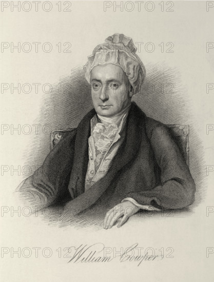 William Cowper, c1780-c1800, (1834-1837). Cowper (1731-1800) was one of the most widely read English poets of his day, whose most characteristic work, as in "The Task" or the melodious short lyric "The Poplar Trees" brought a new directness to 18th century nature poetry. Plate 1 from "Lives of Eminent and Illustrious Englishmen, from Alfred the Great to the Latest Times", Vol 6. [Glasgow & Edinburgh, 1834-37]