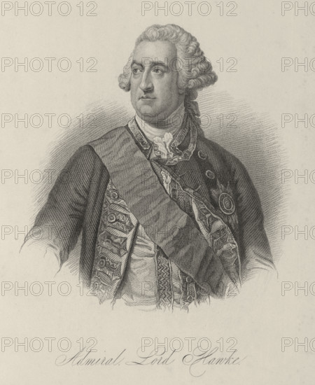Admiral Lord Hawke, c1759, (1834-1837). British admiral whose naval victory in 1759 put an end to French plans to invade Great Britain during the Seven Years' War (1756-63). Plate 3 from "Lives of Eminent and Illustrious Englishmen, from Alfred the Great to the Latest Times", Vol 8. [Glasgow & Edinburgh, 1834-37]