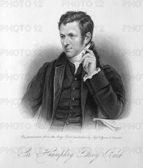 Sir Humphry Davy, c1800-c1829, (1834-1837). English chemist (1778-1829) who discovered several chemical elements (including sodium and potassium) and compounds, invented the miner's safety lamp, and became one of the greatest exponents of the scientific method. Plate 5 from "Lives of Eminent and Illustrious Englishmen, from Alfred the Great to the Latest Times", Vol 8. [Glasgow & Edinburgh, 1834-37]