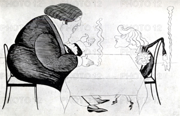 Caricature of Oscar Wilde and Lord Alfred Douglas, 1914. The relationship between Irish playwright and author Wilde (1854-1900) and his younger lover, poet and journalist Lord Alfred Douglas (1870-1945), was the subject of a scandal and court case. Wilde was sent to prison for 'sodomy', and Douglas converted to Catholicism. From "Oscar Wilde and Myself" by Lord Alfred Douglas. [London, 1914].