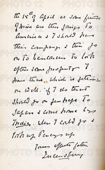 Letter to Lord Alfred Douglas from his father Lord Queensberry, c1890s. '...the 15th April as some friends of mine are then going to America & I should have their company & then go on to [?] to look after some property I have there. Which is [getting?] on well. If I do that should go on perhaps to Japan & come home by India. Where I could go & look up Percy up. Your affect. father, Queensberry'. Douglas's father, the Marquess of Queensberry, abhorred his son's relationship with Irish poet and playwright Oscar Wilde, and set out to humiliate Wilde, publicly accusing him of homosexuality. Wilde sued Queensberry for criminal libel, but some intimate notes were found and Wilde was later imprisoned, and died in 1900. From "Oscar Wilde and Myself" by Lord Alfred Douglas. [London, 1914].