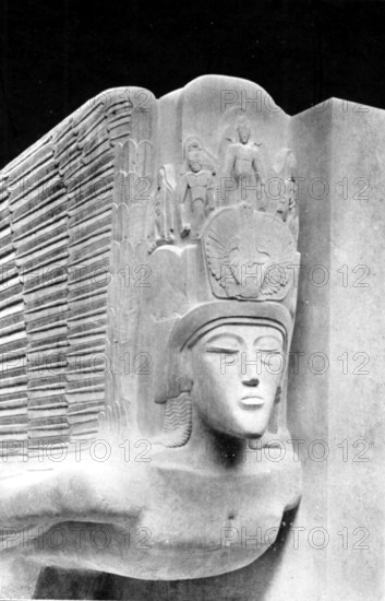 Monument erected over Oscar Wilde's grave, Père Lachaise Cemetery, Paris, France, 1914. Sculpture on the tomb of Irish-born playwright and author Oscar Wilde, made by British sculptor Jacob Epstein. Wilde died in Paris after serving a two-year sentence of hard labour for 'sodomy'. From "Oscar Wilde and Myself" by Lord Alfred Douglas. [London, 1914].