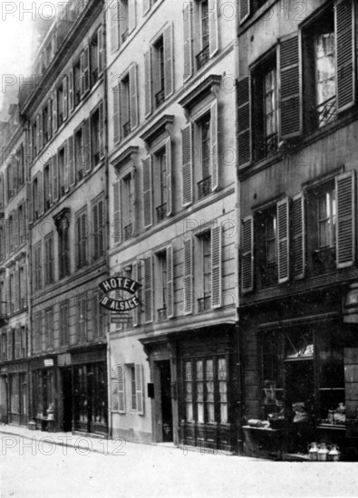Hotel D'Alsace, Paris, France, 1914. Irish playwright and author Oscar Wilde (1854-1900) stayed in this hotel between 1898 and 1900. The relationship between Wilde and his younger lover, poet and journalist Lord Alfred Douglas (1870-1945), was the subject of a scandal and court case. Wilde was sent to prison for 'sodomy', and served two years of hard labour. He died in Paris three years after leaving prison. From "Oscar Wilde and Myself" by Lord Alfred Douglas. [London, 1914].