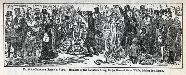 'Private Frith's View' - Members of the Salvation Army, led by General Oscar Wilde, joining in a hymn,1881. Satire of 'A Private View at the Royal Academy, 1881', a painting by William Powell Frith. Wilde, singing loudly and gesticulating, is admired by kneeling children. From 'The life of Oscar Wilde' by Robert Harborough Sherard. [1906]