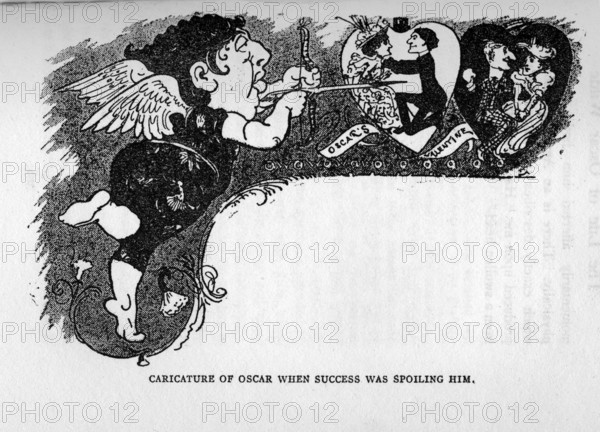 Caricature of Oscar when success was spoiling him, late 19th century. 'Oscar's Valentine'. Satirical cartoon depicting Irish poet and playwright Oscar Wilde as Cupid, shooting an arrow towards two courting couples. From 'The life of Oscar Wilde' by Robert Harborough Sherard. [1906].