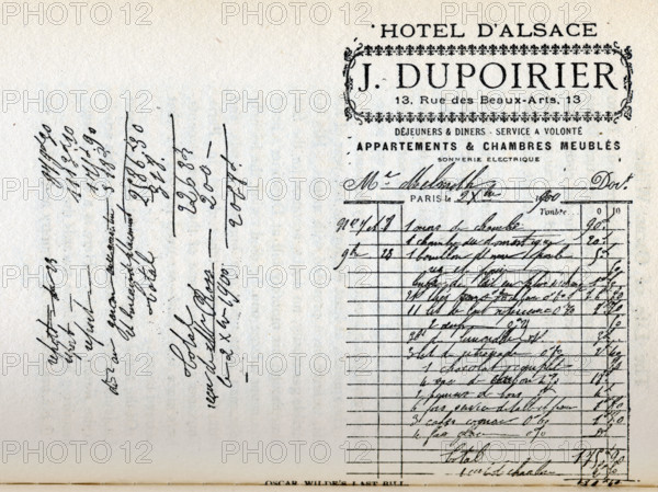 Oscar Wilde's last bill at the Hotel D'Alsace, Paris, France, 1900. 'Dejeuners & Diners - Service a Volonté - Appartements & Chambres Meublés'. (Lunches & Dinners - All-You-Can-Eat Service - Furnished Apartments & Rooms). The total appears to be 175.90 francs. Irish playwright and author Oscar Wilde (1854-1900) was sent to prison for 'sodomy', and served two years of hard labour. He died in Paris three years after leaving prison. From 'The life of Oscar Wilde' by Robert Harborough Sherard. [1906].