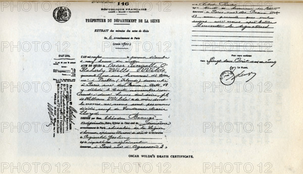 Oscar Wilde's death certificate, 1900. 'Préfecture du Département de la Seine' (Prefecture of the Seine Department), Paris. Irish playwright and author Oscar Wilde (1854-1900) was sent to prison for 'sodomy', and served two years of hard labour. He died in Paris three years after leaving prison. From 'The life of Oscar Wilde' by Robert Harborough Sherard. [1906].