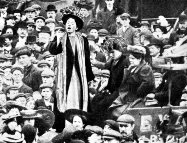 Christabel Pankhurst at Peckham By-Election, London, March 1908. British suffragette Christabel Harriette Pankhurst (1880-1958) was a co-founder of the Women's Social and Political Union (WSPU). Her mother and sisters were also campaigners for women's suffrage. From "The Suffragette Movement. An intimate account of persons and ideals" by E Sylvia Pankhurst (sister of Christabel). [1931].