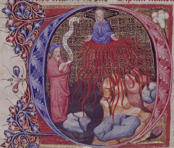 Opening of the Book of Nahum, c1405-c1415. Initial 'O' shows the prophet Nahum predicting the destruction of Nineveh, the mountains rent by lightning, and God above. From "Great Bible" (St. Jerome version).