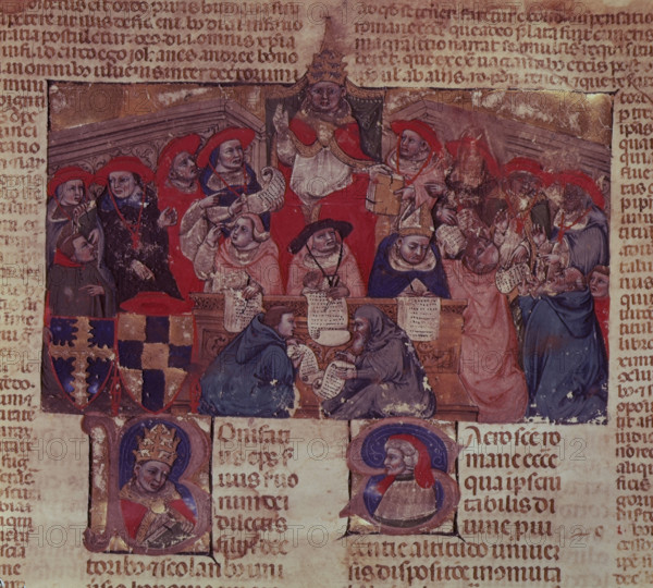 Pope Boniface VIII and the sacred college, 1328. Miniature depicting the papal court under Pope Boniface VIII (in office 1294-1303). "...Boniface consulting his cardinals, who assisted him in the governance of the Church and advised him on matters of faith and discipline. Scribes of the papal chancery (the office responsible for the production of official documents) are shown recording the proceedings." From Bonifacii VIII Decretalium liber sextus (sixth book of the Decretals of Pope Boniface VIII). [1328].