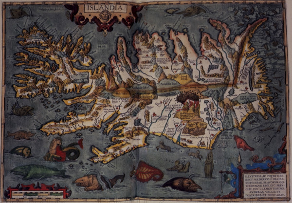 Map of Iceland, 1606. 'Islandia', with volcanos and sea monsters. From "Theatrum Orbis Terrarum", by Abraham Ortelius.