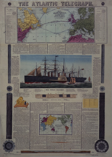 Bacon's Chart of the Atlantic Telegraph, 1866. Map shewing the Atlantic Telegraph, and other Submarine Cables - Europe & America. Cable laid under the Atlantic Ocean. From Bacon's Chart of the Atlantic Telegraph; containing a History of Telegraphy, Origin and progress of the Atlantic Telegraph, Description of the old and new Cables, etc. Illustrated by Maps, Engravings, Diagrams, etc". [London; New York, 1866].