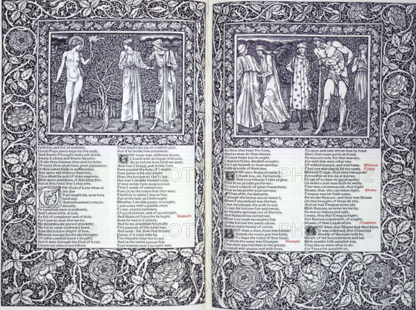 Two illustrations and text from the Canterbury Tales, 1896. The Kelmscott Chaucer, with Burne-Jones' elaborate cycle of woodcut illustrations, was "recognised by all concerned, even before its publication, as the most ambitious and remarkable of the Kelmscott Press books". From "The Works of Geoffrey Chaucer now newly imprinted". [Kelmscott Press, Hammersmith, 1896].