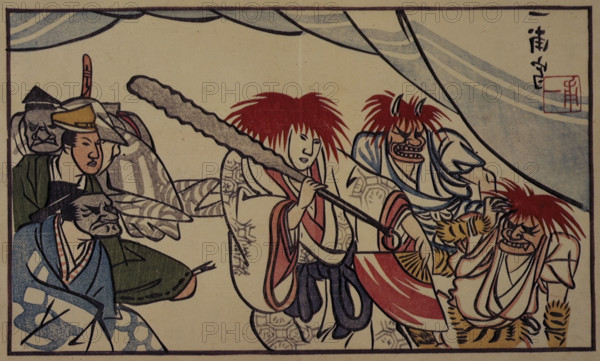 A man being caught while stealing flowers for his lover, 1803. All the characters wear masks as they would appear in a 'kyogen' farce. From 'Tokai-jo' (The Album of the Capital). [Kyoto, 1803].