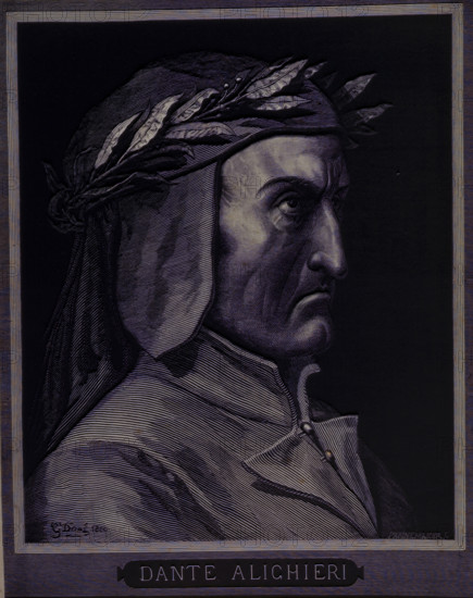 Portrait of Dante Alighieri, 1861. Italian poet (1265-1321), author of the Divine Comedy. From "Divina Commedia Inferno" by Dante Alighieri. [Paris, 1861].