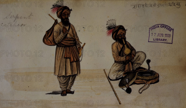 Snake charmer (a) with his bag of snakes and (b) playing to them, 1856. Inscribed: 'Serpent catcher'. Stamped: India Office Library 17 August 1908.