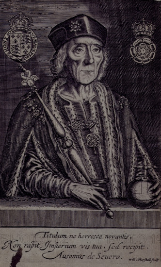 Portrait of Henry VII, 1638. Henry (1457-1509) was the first Tudor King of England. 'Titulum ne horresce novantis, Non rapit Imperium vis tua, sed recipit. Ausonius de Severo'. From "The historie of that wise and fortunate Prince, Henrie ... the Seventh ... With that famed battaile, fought betweene ... King Henry and Richard the third named Crook-backe, upon Redmoore neere Bosworth" by Charles Aleyn.