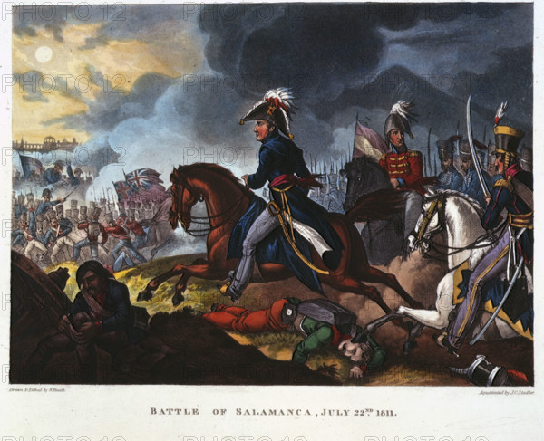 Battle of Salamanca, July 22nd, 1811, (1819). Depicting the Duke of Wellington on horseback. The Battle of Salamanca saw the Anglo-Portuguese army under the Duke of Wellington defeat Marshal Auguste Marmont's French forces among the hills around Arapiles, south of Salamanca, Spain, during the Peninsular War. From "The Wars of Wellington, a narrative poem. ... With ... engravings coloured ... By Dr. Syntax". [London, 1819].