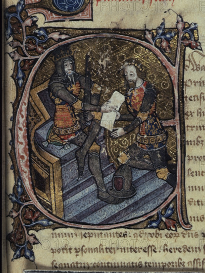 Initial E: King Edward III granting the Black Prince the principality of Aquitaine, c1386-c1399. Edward of Woodstock (1330-1376), known as the Black Prince, was the eldest son and heir apparent of King Edward III of England (1312-1377). He died before his father and so his son, Richard II, succeeded to the throne instead.