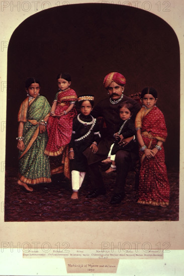 The Maharaja of Mysore and children, 1890. 'Princess Jaya Lakshammanni, Princess Cheluva Jammanni, Prince Krishnaraj Wodiar, Maharaja Chamrajendra Wodiar G.C.S.I, Prince Kanti Narsaraj Wodiar, Princess Krishna Jammanni'. Bowring collection.