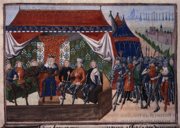 The King of Hungary holding council in his tent on a battlefield, c1470-c1475. From Chroniques (the 'Harley Froissart') (Froissart's chronicles) by Jean Froissart, Volume IV, part 2.