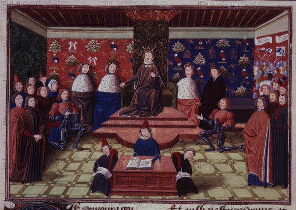 King Richard II of England banishing the Earl Marshall and the Earl of Derby, c1470-c1472. From Chroniques (Volume IV, part 2) by Jean Froissart.