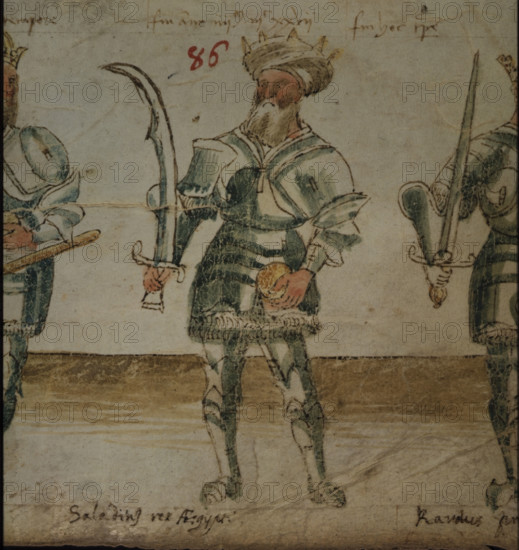 Illustration of Saladin, holding a scimitar, 15th century. Salah ad-Din Yusuf ibn Ayyub (c1137-1193) was the founder of the Ayyubid dynasty. He was the first sultan of both Egypt and Syria. An important figure of the Third Crusade, he spearheaded the Muslim military effort against the Crusader states in the Levant. [Detail from roll] Sixth age; No. 86., in The Six Ages of the World.