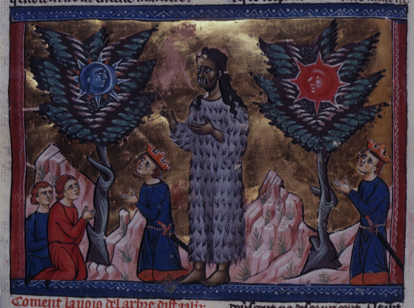 Alexander the Great standing before the oracles of the two trees sacred to the Sun and the Moon, c1285. Other figures kneel at the base of the trees. From Histoire ancienne jusqu'à César. Li Livre des Ansienes Estoires.