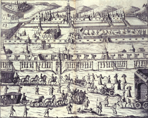 Execution of the Streltsy, 1698, (1700). Peter the Great's execution of the Streltsy, outside the walls of the Kremlin. Between 22 June and 28 June 1698, fifty-seven of the Streltsy uprising leaders were executed by hanging. From Diarum Itineris in Moscoviam by Joannes Georgius Korb.