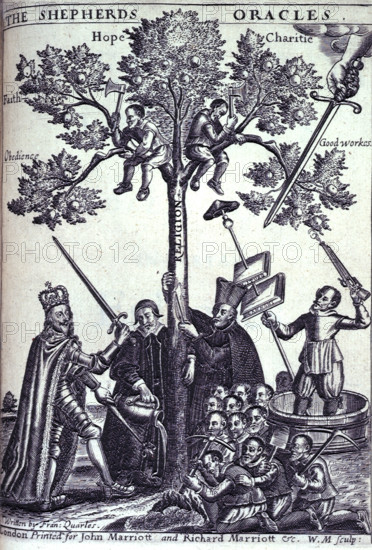 King Charles I, 1646. The Tree of Religion protected by Charles I and watered by a cleric (possibly Archbishop Laud) while a Jesuit strips off the bark. A group of sectaries attack its roots with pickaxes and a shovel, behind them a man in a tub fires a gun at the tree and holds a spear impaling books labelled "Liturgy" and "Cannons" and a bishop's cap. The branches of the tree are labelled, "Faith", "Hope" "Charity", "Obedience" and "Good Works" and two men sitting on the branches cut off the last two. A hand holding a sword emerges from a cloud to defend the Tree. 23 November 1645. Title page to Francis Quarles' The Shepherds [Shepheards ] Oracles: delivered in certain Eglog (London, 1646).