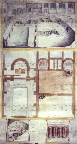 View and plans of the Roman baths at Bath, County Somerset, 1762. Remains of Roman baths at Bath, Avon. 'Semicircular Bath; Channel of the Water; Fire Place...and Flue; a part of the Floor broke up; Oblong Bath; A room with suspended Floor cover'd with Terrai; Another Room in like manner; Construction of the Sudatorys; The manner of suspending the Floor [hypocaust]'. Drawings made after the site was discovered when the old priory was demolished in 1755. The view shows the remains of the baths at the south side of Bath Abbey.