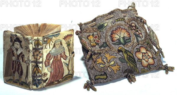 Embroidered prayer book and bag, 1633. Book of Psalms encased in an embroidered silk binding, bearing the figures of a seventeenth-century English noblewoman, and nobleman with his sword. Carrying bag decorated with floral designs. "The Whole Booke of Psalmes, with the proofe on the margin. Collected into English meter, by Thomas Sternhold, John Hopkins, etc". [1633]