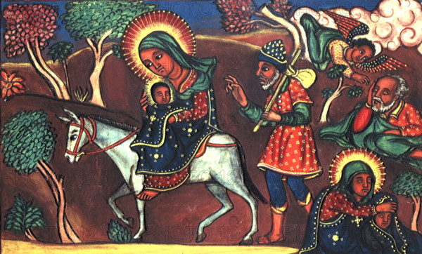 Flight into Egypt, c1730-c1755. Scene depicting the flight into Egypt of the Virgin Mary, St Joseph and the Christ Child. Vellum manuscript written in a fine hand for Iyasu II.