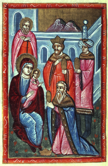 The three Kings bearing gifts to the infant Jesus, 1646. Nativity scene. From a Bible by Yovhannes Lehatsi (of Poland). (Constantinople, 1646).