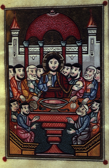 The Last Supper, 1695. Christ at a table with his disciples partaking in bread and wine. From "The Four Gospels" by Khatchatur (scribe).