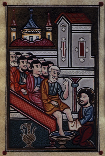 Christ in the symbolic bathing of feet, 1695. Christ washes the feet of his disciples. Vellum manuscript copied at the church of St George, Constantinople. From "The Four Gospels" by Khatchatur (scribe).