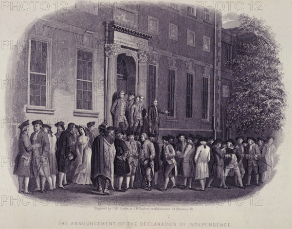 The Announcement of the Declaration of Independance, 1776, (c1856-c1859). The American Declaration of Independence was made on 4 July 1776. It was adopted unanimously by the Second Continental Congress, who convened at Pennsylvania State House, later renamed Independence Hall, in the colonial capital of Philadelphia. These delegates became known as the nation's Founding Fathers. From "The Life of George Washington". [New York, 1856-1859]