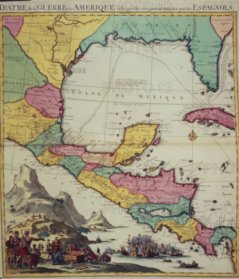 Map showing the Gulf of Mexico and surrounding area, 1705. New Mexico, Louisiana, Florida, Mexico, Nicaragua, Honduras, Costa Rica, Veragua, Panama, Cuba. At bottom left an illustration of mountains, Amerindians, Europeans with a treasure chest, and a naval battle. From "Théâtre de la Guerre en Amérique telle qu'elle est à present Possedée par les Espagnols" (Theatre of War in America as it is now possessed by the Spaniards). [1705]