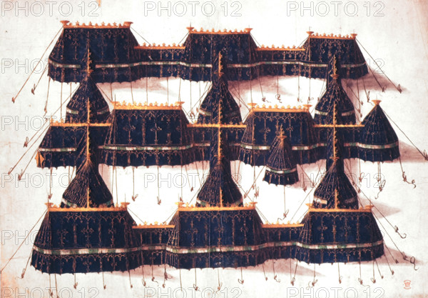 Design for a royal pavilion, early 16th century. Lavishly decorated tents constructed at the field of the Cloth of Gold, the meeting place, between Guînes and Ardres near Calais in France, where Henry VIII of England and Francis I of France and their entourages gathered between June 7 and 24, 1520. The castles at both villages were in decay, and therefore splendid temporary palaces and pavilions were erected for Henry at Guînes and for Francis at Ardres. From a portfolio containing drawings and prints.