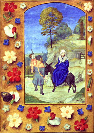 The Flight into Egypt, c1480s. Vespers of the Hours of the Virgin. Border of trompe l'oeil decoration with flowers and butterfly. From "The Hastings Hours".