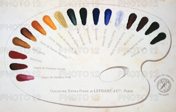 A paint palette, 1891. Samples of Lefranc & Company's oil paints, painted onto a printed diagram. From "Traite pratique de peinture a l'huile", by Karl Robert pseud.[i.e. Georges Meusnier].