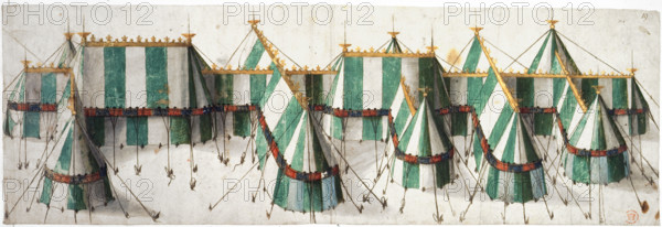 Design for a royal pavilion, early 16th century. Lavishly decorated tents constructed at the field of the Cloth of Gold, the meeting place, between Guînes and Ardres near Calais in France, where Henry VIII of England and Francis I of France and their entourages gathered between June 7 and 24, 1520. The castles at both villages were in decay, and therefore splendid temporary palaces and pavilions were erected for Henry at Guînes and for Francis at Ardres. From a portfolio containing drawings and prints.