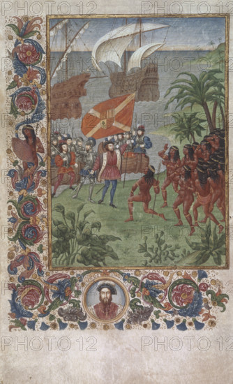 The landing of Hernando Cortes in Mexico in 1519, 19th century. Cortes has just landed and stepped onto dry land. The natives are greeting him, with one of them kneeling before him. A miniature in colours with a foliated border on two sides, containing a second portrait of Cortes to the shoulders, within a medallion. From an account of the Spanish invasion of Mexico.
