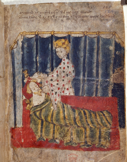 The wife of the Green Knight secretly visits Sir Gawain in his bedchamber, c1400-1410. From Sir Gawain and the Green Knight. (England (north-west Midlands, c1375-1400 (text), c1400-1410 (miniatures)).