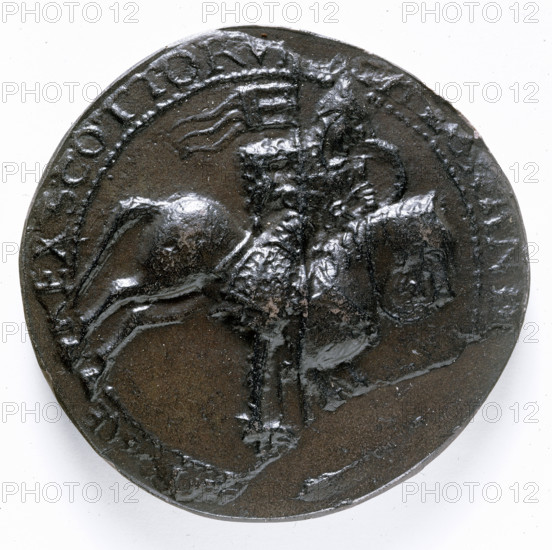 Seal of Alexander I of Scotland, c1112. (Obverse of seal). Impression of the seal of King Alexander I, who ruled Scotland from 1107 until 1124. The King on horseback, wearing a coat of mail, and a conical helmet. He holds a gonfanon or banner with three streamers in his right hand, and a kite-shaped shield in the other.