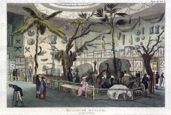 'Bullock's Museum, 22, Piccadilly', London, 1809-1829. An exhibition of models of animals inside the Egyptian Hall, built in 1812 to house the collection of the traveller, naturalist and antiquarian William Bullock. Image taken from "The Repository of Arts, Literature, Commerce, Manufactures, Fashions, and Politics", 1809-1829.