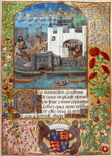 The Tower of London with London Bridge, c1500. Charles, Duke of Orleans can be seen writing inside the Tower of London, and also at a window and in the courtyard, sending a letter. From the Poems of Charles, Duke of Orleans, and other works. Charles was the last and arguably greatest of the French courtly poets, who also gained a reputation for his poems in English written during 25 years exile in England after his capture at Agincourt in 1415.