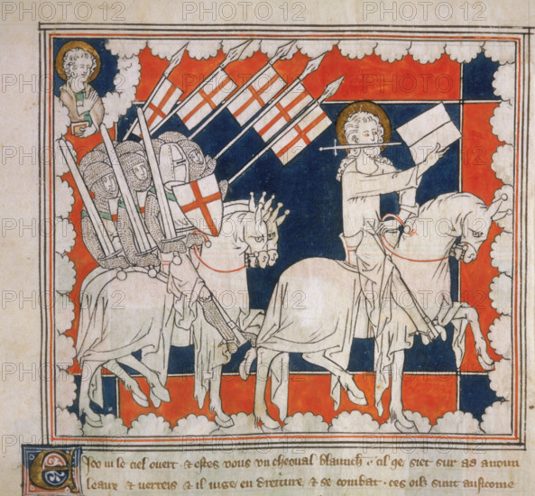 The Rider on the White Horse, c1310-c1325. Jesus Christ leading the Crusaders; above left: St John the Evangelist. From the Apocalypse.