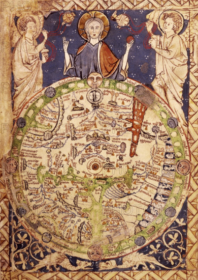 Psalter Map, c1250. A round map of the world, set in a square ornamental frame, Jerusalem being in the centre, with a zone of winds, figures of inhabitants, etc. The Psalter map is so called because it accompanied a 13th Century copy of the Book of Psalms. It is one of the earliest maps with Jerusalem at the centre, reflecting the medieval world view. Although tiny, it contains a wealth of information. It is the earliest surviving map to symbolise Christ's power as overseer of the world; and one of the earliest maps to depict Biblical events - for example, Moses crossing the Red Sea (the large red expanse, top right); and the earliest to display the `monstrous' races in Africa (the strange figures, some without heads, depicted on the right-hand edge). From Latin Psalter, with canticles, litany, etc. latin-psalter-with-canticles-litany-etc----caption-a-round-map-of-the-world-set-in-a-square-ornamental-frame-jerusalem-being-in-the-centre-with-a-zone-of-winds-figures-of-inhabitants-etc-...